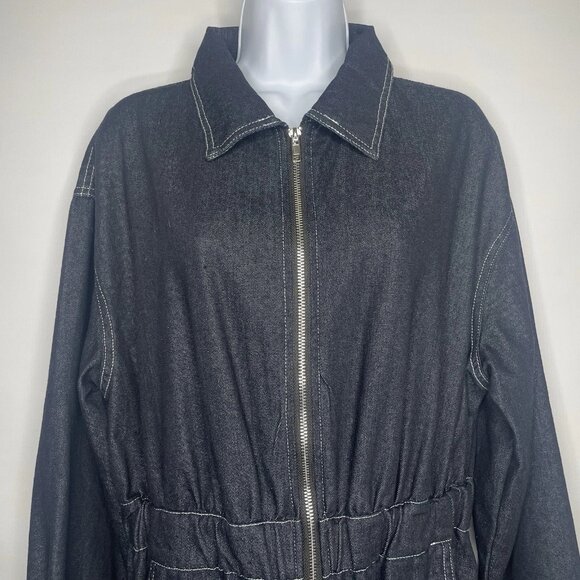 Oyrosy Retro Wide Leg Denim Jumpsuit Size M Dark Wash Black Zip Front Utility - Picture 3 of 9